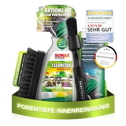 SONAX CleanStar (750ml) Innenraumreiniger Auto + Bürste + chemicalworkz Pinsel + Sonax Mikrofasertuch - Auto Innenraum Reiniger für Kunststoff, Glas, Polster & Leder, Cockpitpflege Auto Reinigungsset