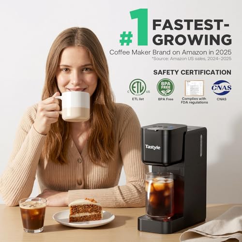 Image of Tastyle Single Serve Coffee Maker Hot and Iced with Bold Brew, Small Coffee Machine for K Cup and Ground, Fits 7.3'' Travel Mug, Brews up to 16 Oz, 5 Cup Sizes, for Office, RV& Hotel, Elegant Black