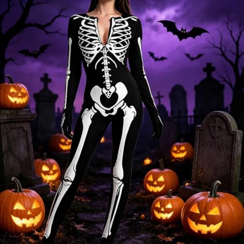GAHIEDIM Skeleton Costume,Skeleton Costume Adult Zip‑Up Jumpsuit Print Cosplay Outfit Halloween Costumes For Themed Party Black 01 Large — view 2