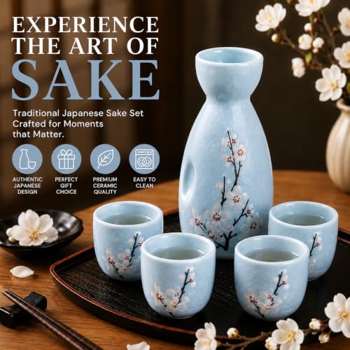 Image of Melbify Japanese Ceramic Sake Serving Set | 1 Pot + 4 Cups| Pot(180 ml) & Cup(45 ml)| Tokkuri Carafe & Cups | Sake Glasses for Drinking | House Warming Gift Set | Anniversary | Couple