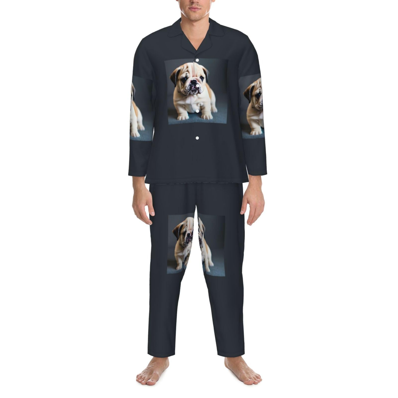 Cute Bulldog Puppy 1 Stampa Uomini Manica Lunga Pigiama Set Sleepwear Due Pezzi Lounge Set Traspirante Nightwear
