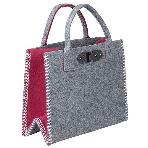 Formano Sac shopping pliable en feutre - 34 x 20 cm - 1 pièce - Gris clair et rose - Avec boucle en cuir synthétique et bordure brodée Cover
