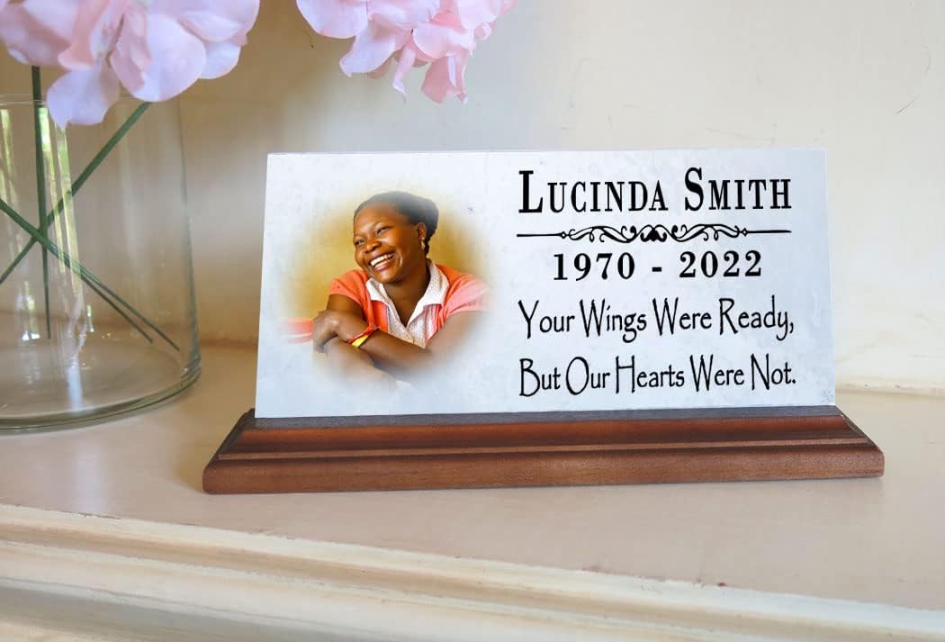 Broad Bay Loved One Memorial with Picture Celebration of Life Memorial Plaque Custom Photo Marble Remembrance - Your Wings were Ready But Our Hearts were Not 8" x 4"'