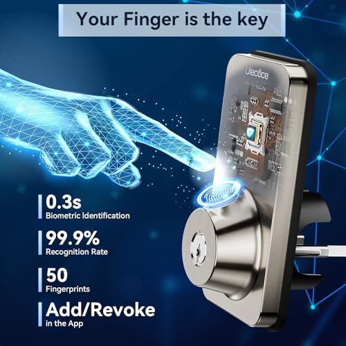 Image of Ulecoce Fingerprint Keypad Deadbolt with Handle Set, Keyless Entry Door Lock, Door Locks for Front Door Lock Set, App Control, Auto Locking, Easy to Install, Satin Nickel