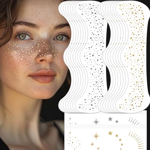 48 Stück Gold und Silber Glitzer Sommersprossen Gesicht Tattoo Wasserdichte Sparkle Patches für Frauen Temporärtattoos Make Up Zubehör