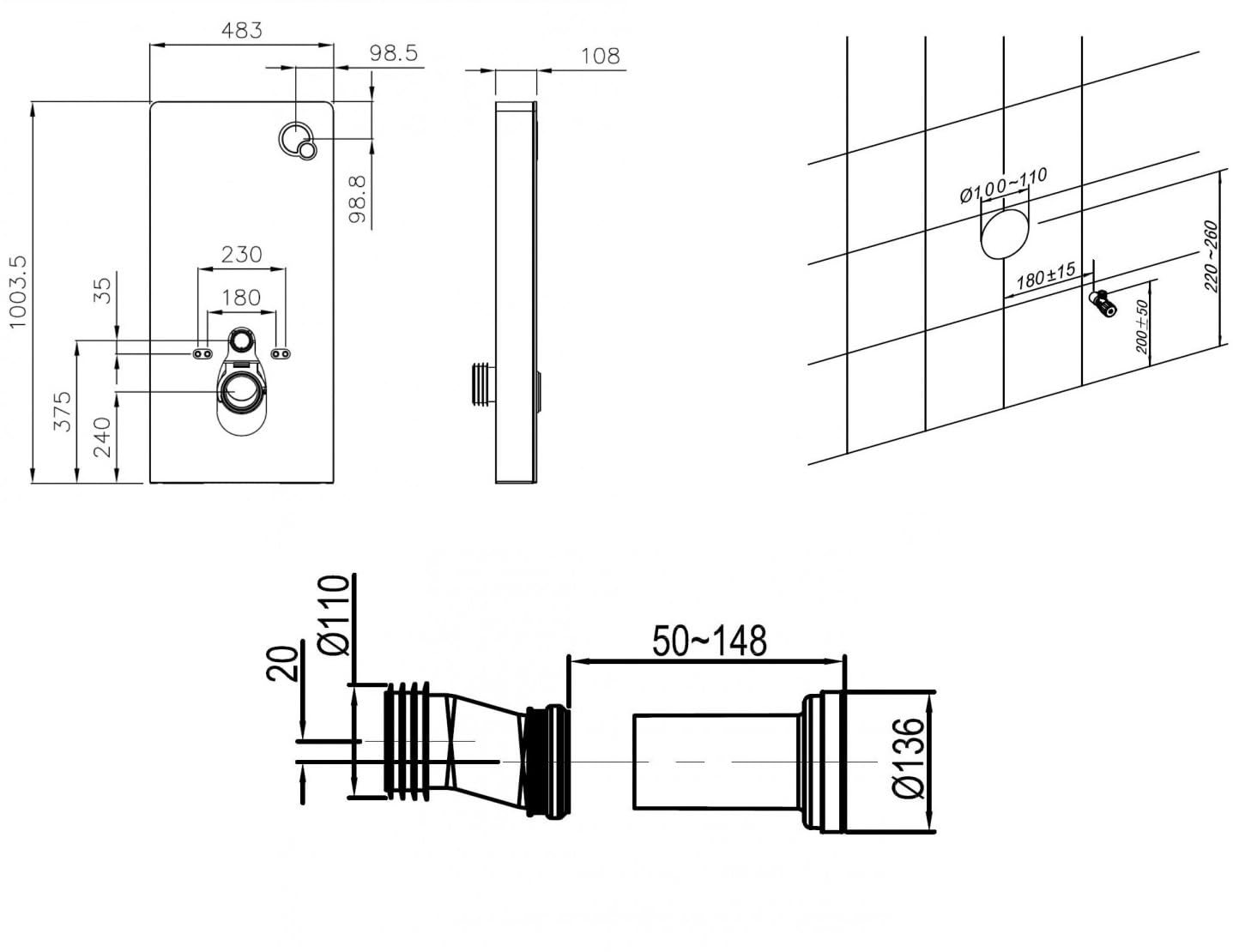 Sistema modulo sanitario 805 di installazione per WC vaso sospeso a parete esterno- con pulsante di scarico - in alluminio e vetro bianco - cassetta monoblocco - bella e funzionale