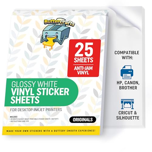 Image of Glossy Printable Vinyl Sticker Paper Waterproof 25 Sheets 8.5 inchx11 inch, Inkjet Printer (HP, Canon, Brother Printers Compatible) - Weatherproof White Sticker Sheets - Strong Adhesive