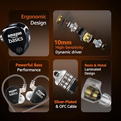 Image of Amazon Basics Pro Series in Ear Earphone with Mic | 3.5 mm Plug | Dual 10mm Dynamic Drivers | 4-Level Tuning Switch | OFC Flat Cable | 3.5mm Plug | for Audiophiles & Musicians | Black