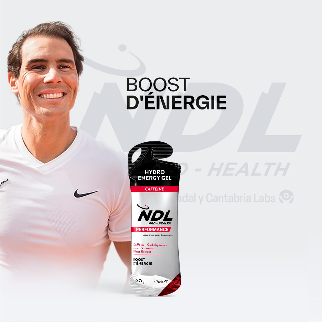 NDL Pro-Health Gel Énergétique avec caféine | énergie pour sport | CHERRY | énergie rapide pour sport d’endurance, glucides et électrolytes, 12x60 g – Rafa Nadal & Cantabria Labs