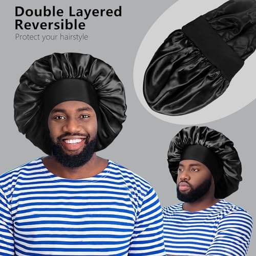 Image of 2pcs Bonnets for Men, Double Layer Hair Bonnet Satin Bonnet for Women Curly Hair Braids