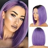 Evala Bob Wig Human Hair Purple Bob Wig Human Hair 13x4 Frontal Lace Wig 10 inch Middle Part Short Straight Bob Wig Ombre #T1B/Rose Purple Wigs 150% Density Party daily cosplay Purple Bob Wigs