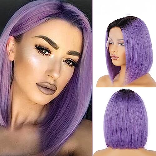 Evala Bob Wig Human Hair Purple Bob Wig Human Hair 13x4 Frontal Lace Wig 10 inch Middle Part Short Straight Bob Wig Ombre #T1B/Rose Purple Wigs 150% Density Party daily cosplay Purple Bob Wigs