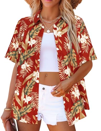 Zeagoo Plus Size Hawaiian Shirt Women Floral Print Cool V Neck Shirt Button Up Blouse Short Sleeve Tops Red Tropical XXL