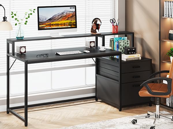 Image of Tribesigns 63 Inch Computer Desk with File Drawer Cabinet, Ergonomic Office Desk with Monitor Stand, Industrial Computer Table with Printer Space, Wood PC Table Workstation Desks for Home Office
