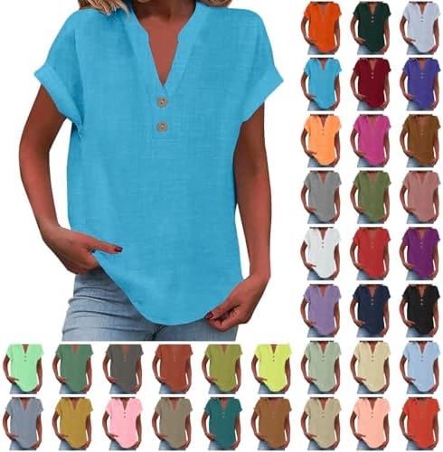 Linen Shirts for Women Short Sleeve V Neck Cotton Linen Tops Summer Button Dressy Casual Tunic Blouses Gauze Tees