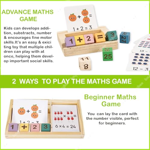 Image of Baybee Wooden Math Learning Puzzle for Kids with 26 Double Sided Flash Cards, 8 Number Blocks & Wooden Stand | Educational Counting, Addition & Subtraction Game Toy for Boys Girls Age 3-8 Years