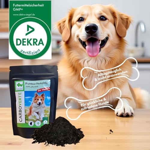 Futterkohle für Hunde 200 g – unterstützt Magen-Darm-Funktion, reduziert Durchfall & Magenbeschwerden, sehr ergiebig, neutraler Geschmack, vitaler und glücklicher Hund, einfach ins Futter mischbar