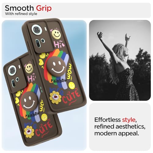 Image of Pikkme Back Cover for Oppo Reno 11 5G | Soft Silicone| Cute Rainbow Smile & 3D Cartoon Flower Design | Shockproof Raised Camera Protection Bumper Case (Brown)