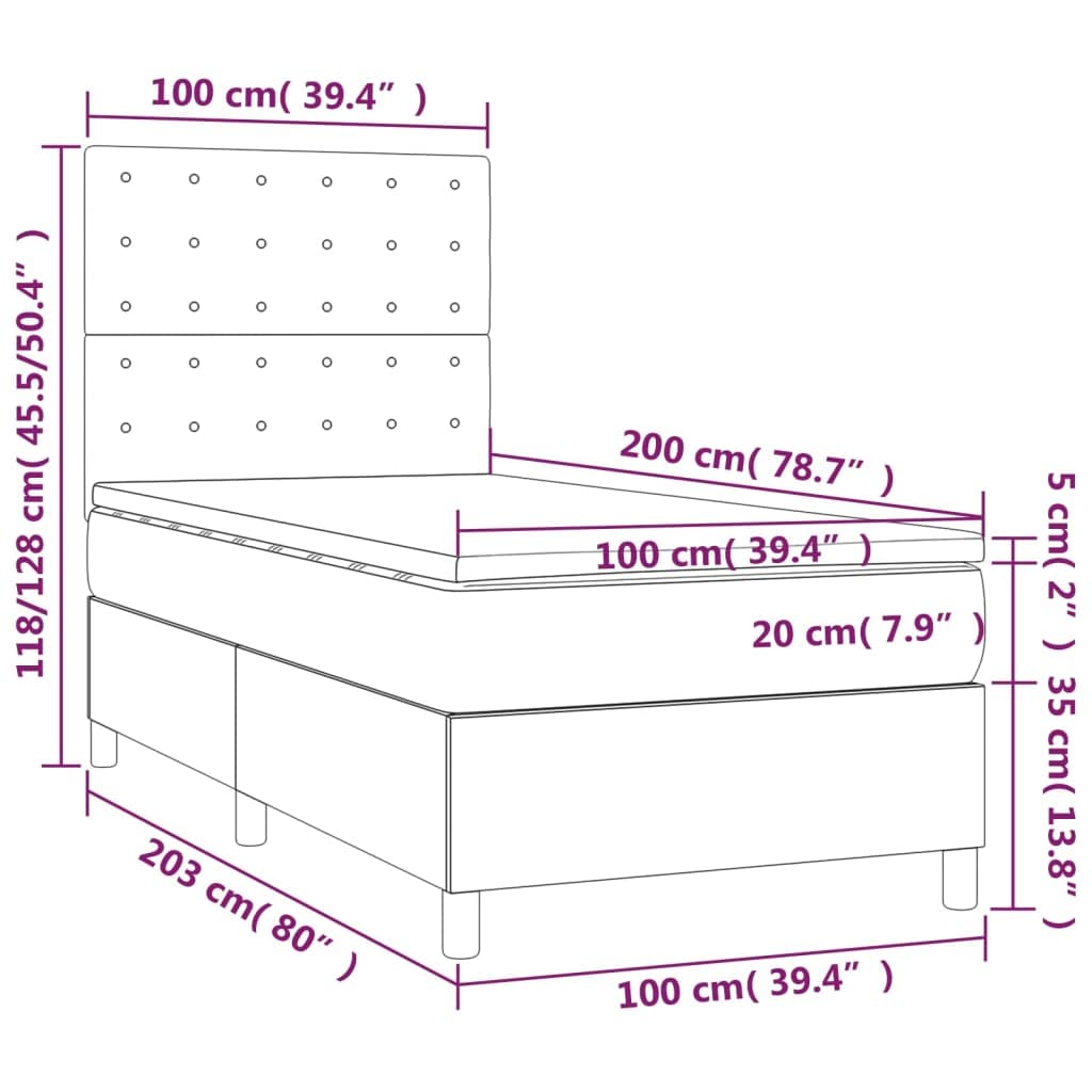 Kunstleder Boxspringbett mit LED Beleuchtung höhenverstellbares Kopfteil | Boxspringbett mit Matratze & LED Grau 100x200 cm Kunstleder mit Kopfteil verstellbar Taschenfederkernmatratze Topper USB
