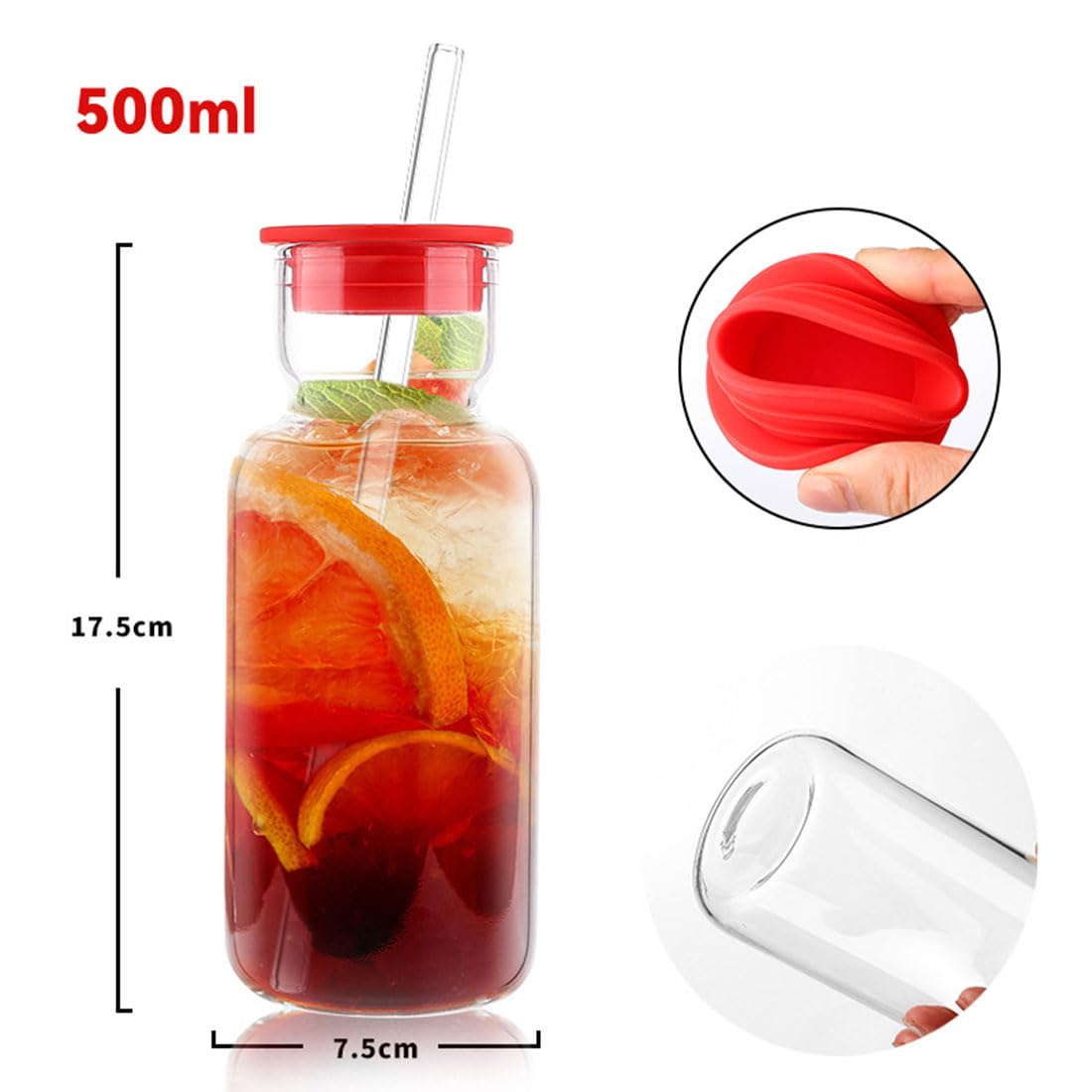Glasbecher mit Deckel und Strohhalm, 2er-Set, 500 ml Borosilikatglas, wiederverwendbare Trinkbecher mit Silikondeckel & Glasstrohhalm für Eiskaffee, Smoothie, Saft