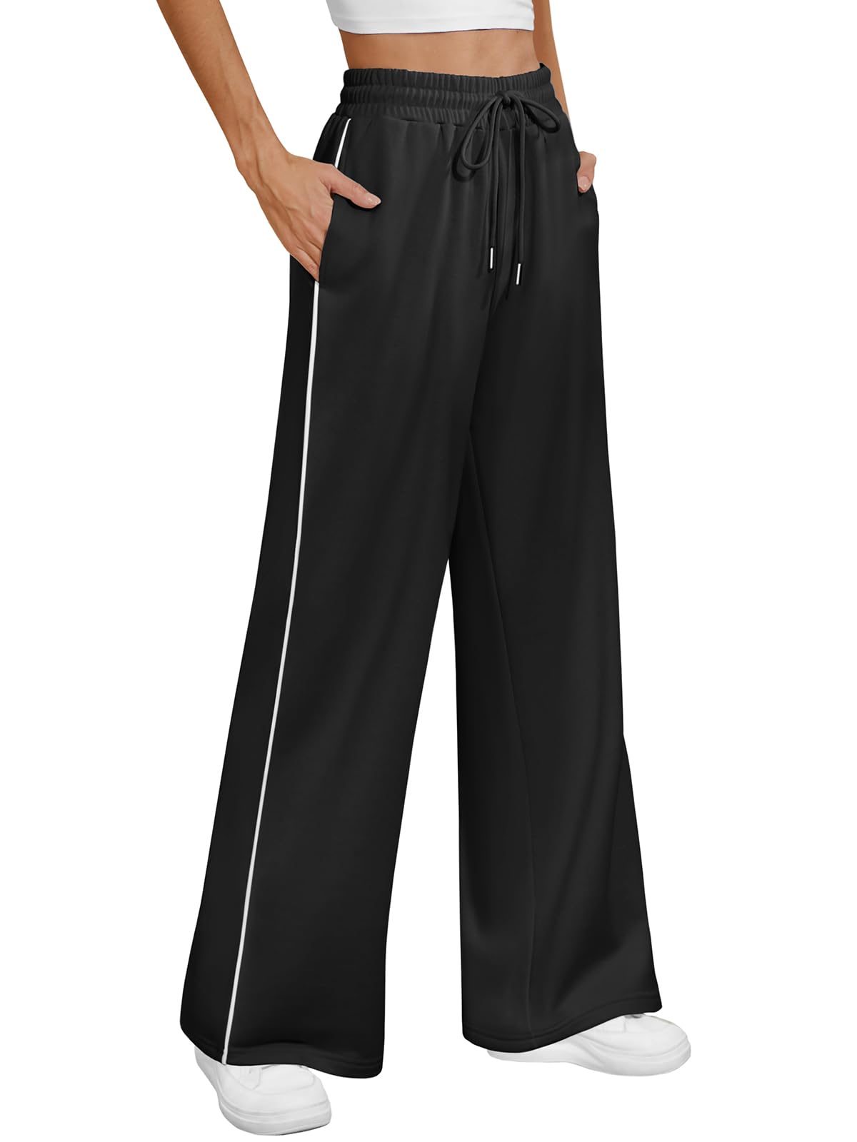 ATHMILE Womens Wide Leg Sweatpants Baggy Black Sweat Pants with Pockets High Waisted Track Drawstring Joggers