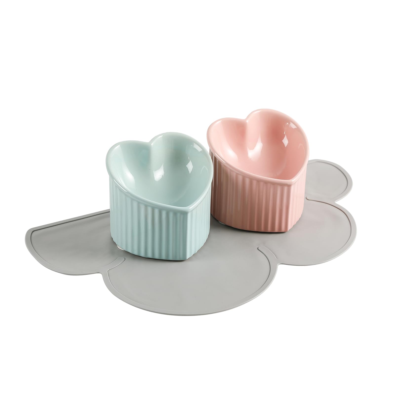 Elevated Cat Food Bowl Set - Double Tilted Cat Bowls with Non Slip Mat - Raised Ceramic Cat Bowl Set - Wide Cat Feeding Bowls Whisker Friendly - Tall Cat Dishes Anti Vomiting - Pink & Green
