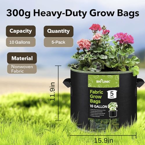 Image of BN-LINK 5-Pack 10 Gallon Grow Bags, Heavy Duty Aeration Fabric Pots with Handles, Thickened Nonwoven Plant Bags for Vegetables, Flowers, Fruits