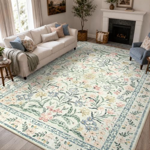 Wonnitar Large Rugs for Living Room, Soft Washable Floral 9x12 Area Rug for Bedroom, Boho Non-Shedding Foldable Carpet for Kids Playroom Apartment Home Decor