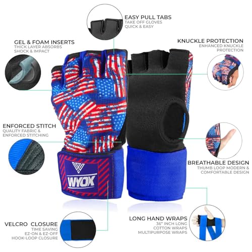 Image of WYOX Neoprene Gel Boxing Hand Wraps Inner Gloves for Men & Women - 80cm /31in Quick Wrist Strap, Padded Knuckle Protection, Fingerless MMA Muay Thai Kickboxing Wraps for Training & Martial Arts