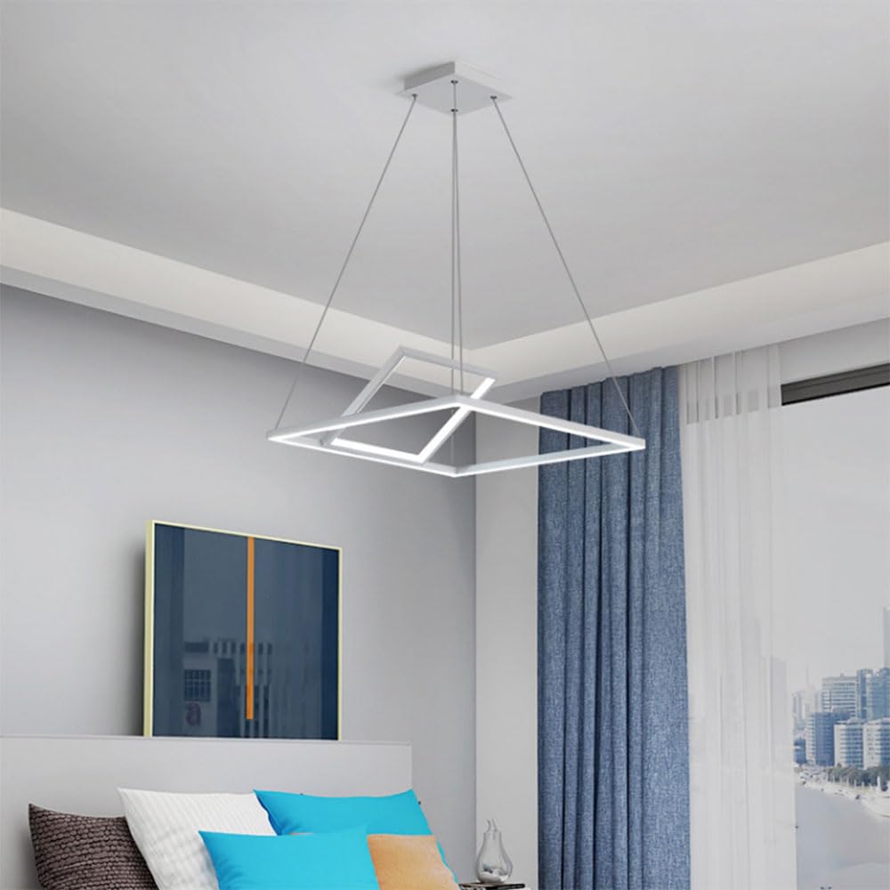 Dwupoziomowa biała kwadratowa lampa sufitowa LED, minimalistyczny żyrandol, liniowe aluminiowe zawieszenie LED, oświetlenie dekoracyjne, ściemniana 3000K-6000K, nowoczesna lampa wisząca do baru lub