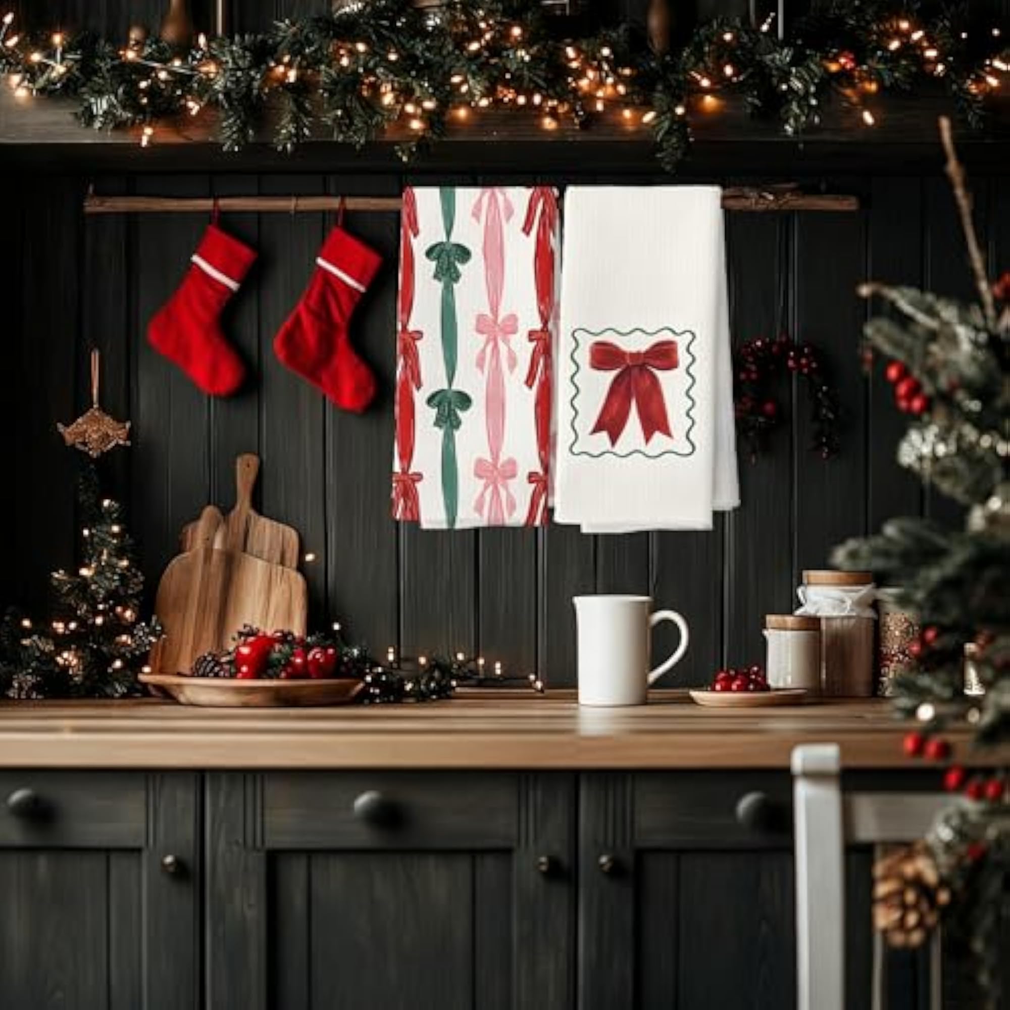Red Pink and Green Bow Christmas Kitchen Dish Towels