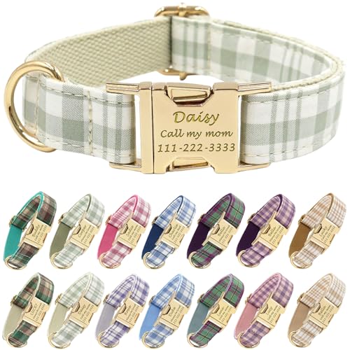 PETDURO Personalized Dog Collar Sage Green Plaid for Large Medium Dogs | Engraved Name and Phone Number on Gold Metal Buckle for Boys & Girls | Add Leash & Bow Tie via Customize Now