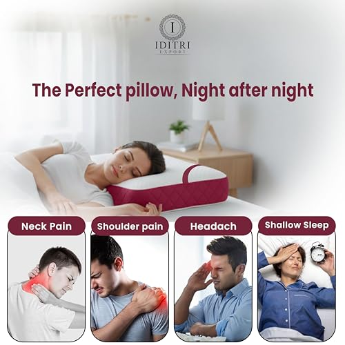 Image of Memory Foam Cervical Pillow Set of 2, Ergonomic Contour for Neck Pain Relief, Breathable Jacquard Fabric in White and Maroon, Orthopedic Bedding for Side,50x30x6 cm