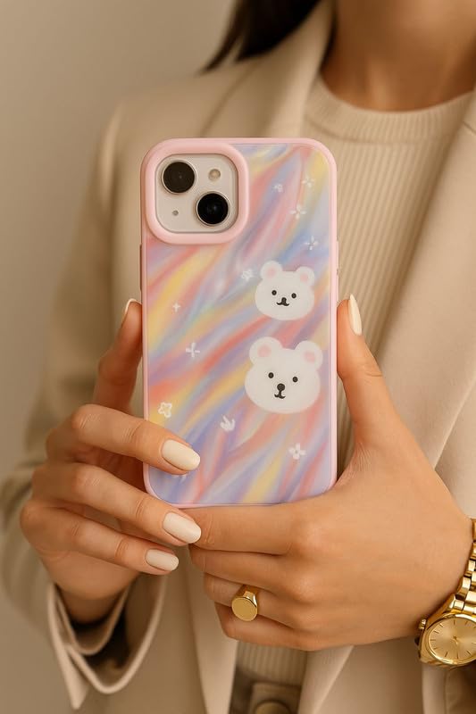 Image of COVERLY for iPhone 14 Plus 3D Pastel Rainbow Teddy Bear Phone Case, Luxury Texture Trendy Retro Cute Fashion Artistic Kawaii Aesthetic Design Heart Princess Cover for Apple iPhone 14 Plus