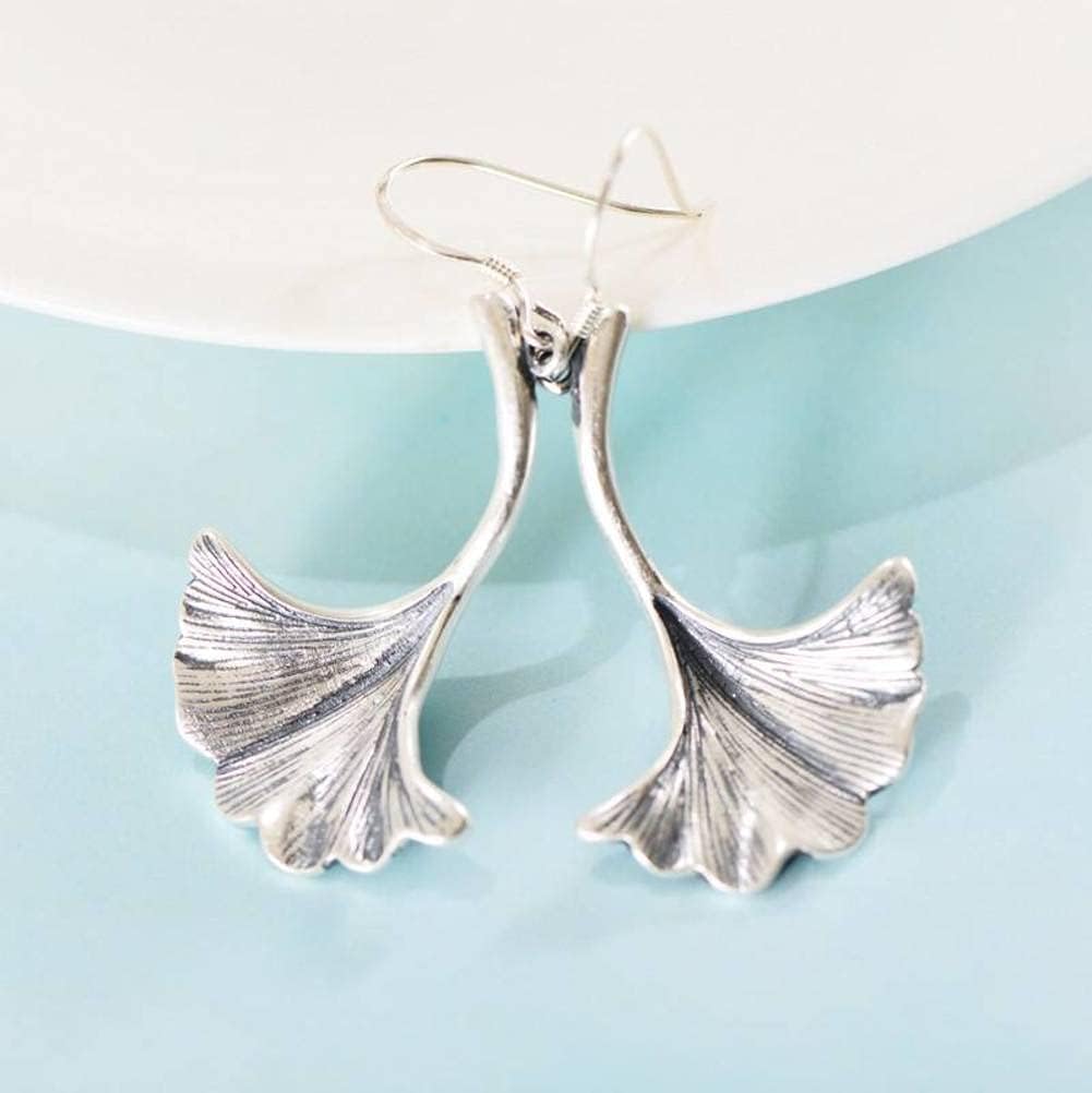 Ears990 Sterling Silver Vintage Thai Silver Do Old Personality Fan-Shaped Ginkgo Leaf Earrings Female Earrings/Silver