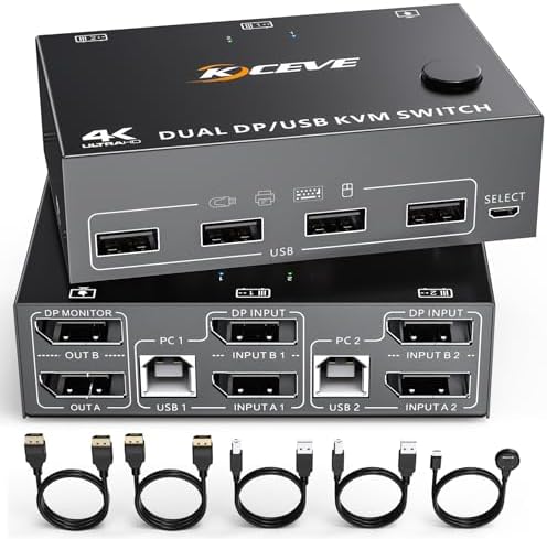 Displayport KVM Switch 2 Monitors 2 Computers, for 2 Computers Share 1 Monitor and 4 USB 2.0 Port, Supports Copy and Extend Modes, Keyboard Mouse Printer UHD 8K@60Hz 4K@120Hz, with Desktop Controller