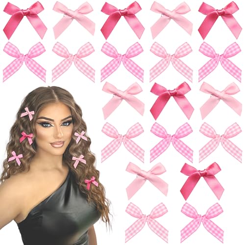 Arocooy 20PCS Pink Bows for Hair 2 Styles Pink Hot Pink Hair Bows Satin Gingham Hair Bow Clips Non Slip Bowknot Ribbon Hairpins Y2k Hair Accessories for Women Girls Kids