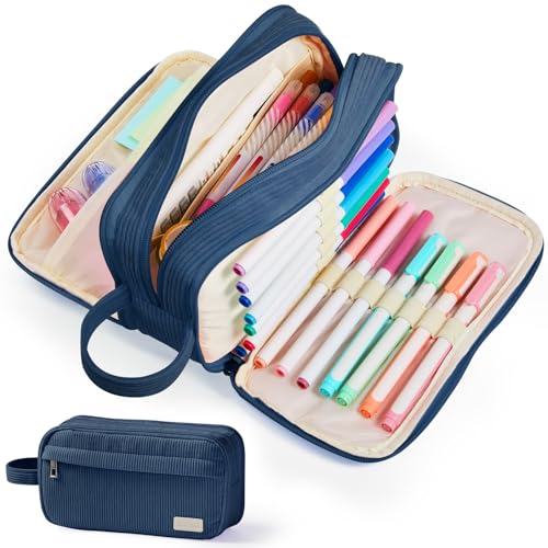 Sooez High Capacity Pencil Case Soft Corduroy Pencil Pouch with 4 Compartments Multiple Pockets Large Bag with Sturdy Zipper Cute Case Pouch Organizer for Student Teen Girls Navy Blue
