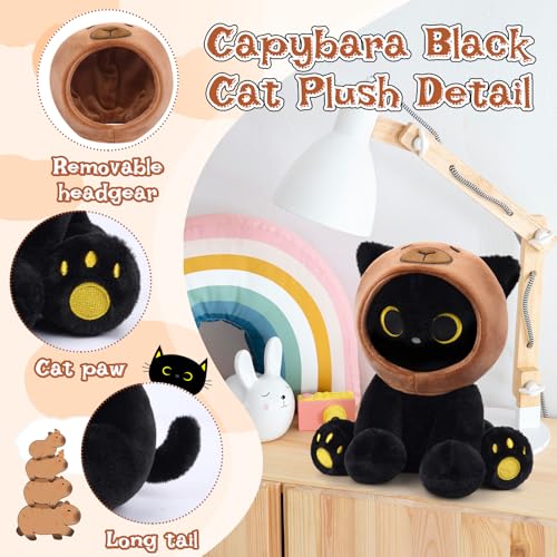 Image of Capybara Plush Stuffed Cat, 8inch Black Cat Plush Wear Capybara Hood, Cute Kitten Plushies Kawaii Huggable Gift for Kids, Boys, Girls, Birthday