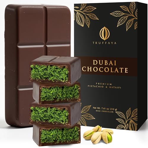 Truffaya Dubai Chocolate Bar Pistachio Kataifi - Premium Kunafa Style Milk Chocolates with Pistachio Kataifi Fillings - Dubai Knafeh Chocolate Bars 7.41 oz Pack