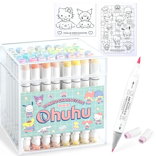 サンリオキャラクターズ × Ohuhu イラストマーカー 筆・細字 48色 パステルカラー 薄色 プロ愛用 マーカーペン アルコール系 ブレンダーペン1本付き Honolulu Bシリーズの商品画像（Amazon）