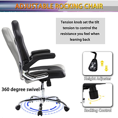 Image of Gaming Office Chair - PU Leather Executive Swivel Computer Desk Chair with Flip-up Armrests and Lumbar Support for Working, Studying, Gaming