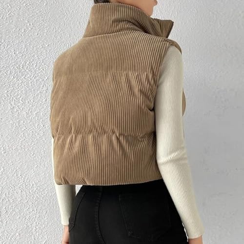 Women's Zip Up Corduroy Puffer Vest Sleeveless Cropped Vest Stand Collar Cropped Jackets Gilet3