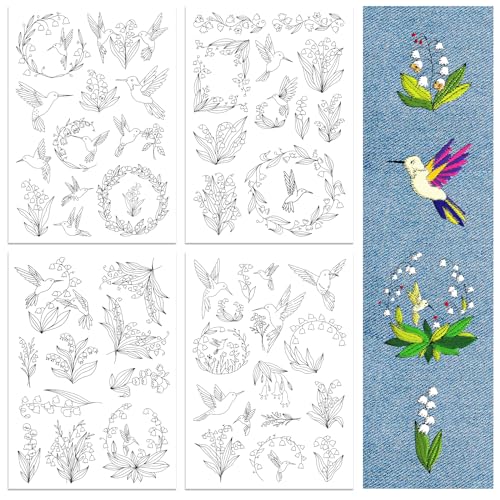 peacoblue Water Soluble Embroidery Patterns for Beginners 4 Sheets Hummingbird and Flower with 50pcs Patterns