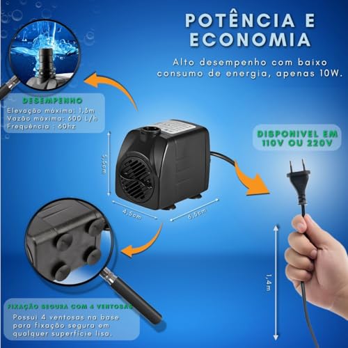 Bomba Submersa PL-202 para Aquários, Fontes e Lagos - 600 L/H, Silenciosa, Econômica e Compacta, Ele