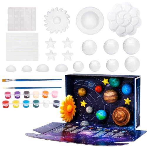 Pllieay 3D Solar System Model Kit Solar System Kit with Display Box 17 Mixed Sized Foam Balls 12 Color Pigments Brushes Palette Educational DIY Planet Toys for School Science Projects