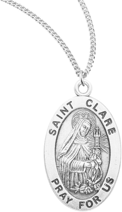 Sterling Silver Saint Medal Pendant Necklace Oval 0.9" x 0.6", 18" Rhodium Plated Stainless Steel Chain, Patron Saint of Bookkeeping Made in USA, Velvet Gift Box