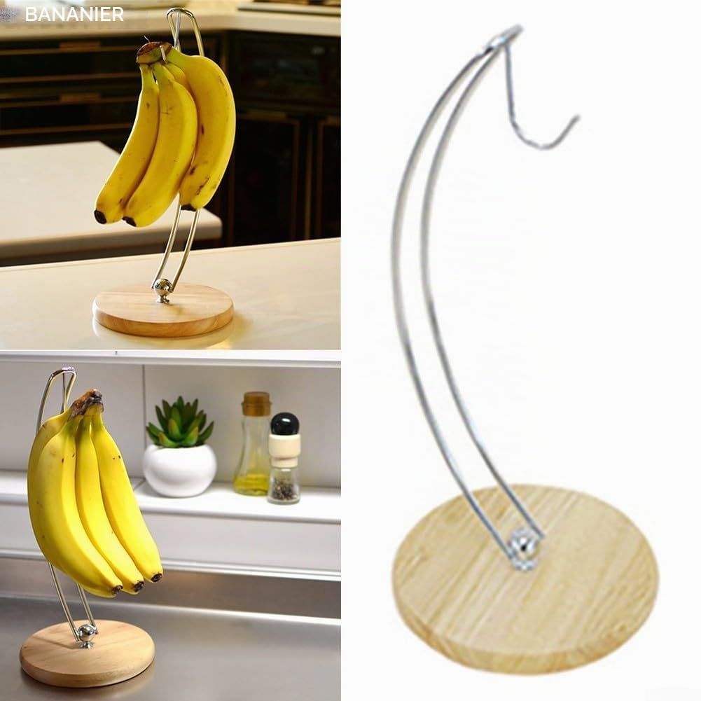 Porte-banane avec crochet, Support bananes avec pied rond - Support en bois pour garder les bananes fraîches - présentoir raisin tomates fruits, pour le stockage des fruits à la maison, cuisine, bar