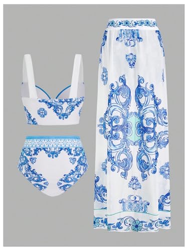Women's 3 Pieces Bathing Suit Set Boho Graphic Bikini Set with Swimsuit Cover Ups2