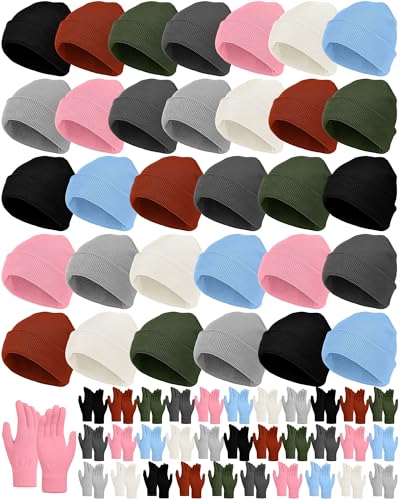 Image of JaGely 64 Pcs Kids Hats and Gloves Bulk Winter Beanies Hat Gloves for Toddler Boys Girls School Donation Wholesale